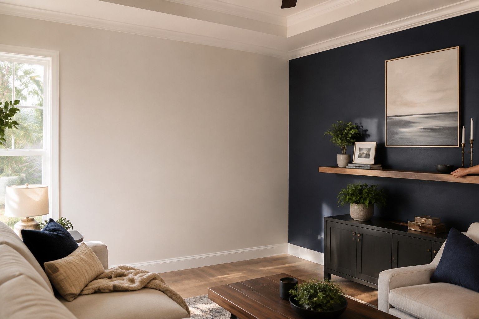 Bright finished living room with crisp trim, a navy accent wall, and mounted shelving